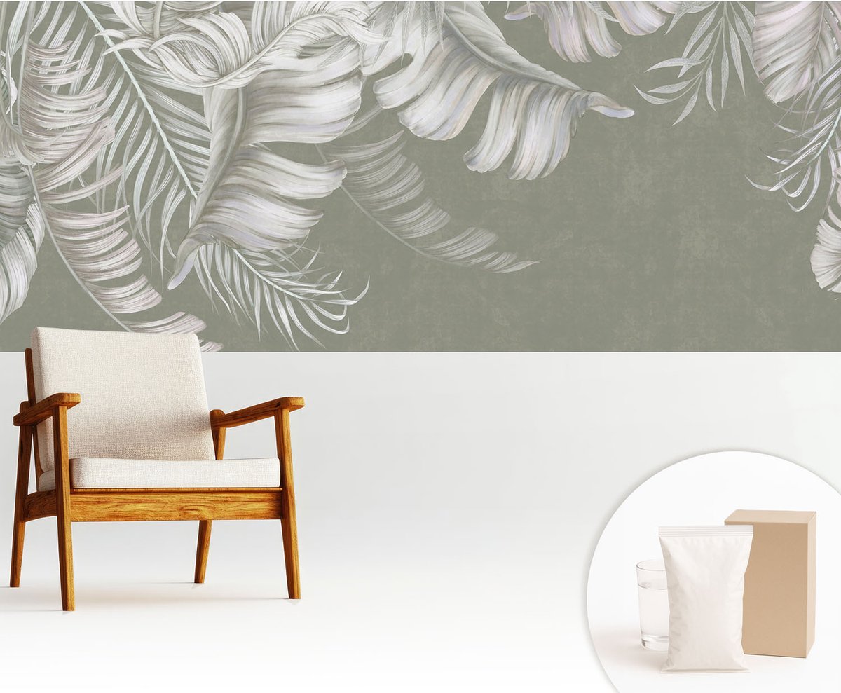 Wallfluent Fotobehang - Grijs Vliesbehang - 250x104 cm - Tere Bladeren Fotobehang Vlies - Hal behang Bloemen En Planten - Muurschildering - Woonkamer behang