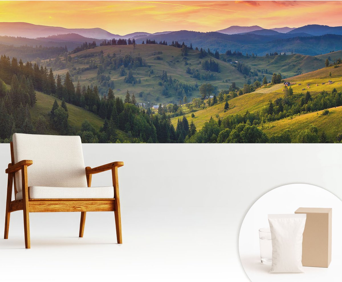 Wallfluent Fotobehang - Geel Vliesbehang - 250x104 cm - Berglandschap Muurschildering - Slaapkamer behang Landschappen - Fotobehang Vlies - Gang behang