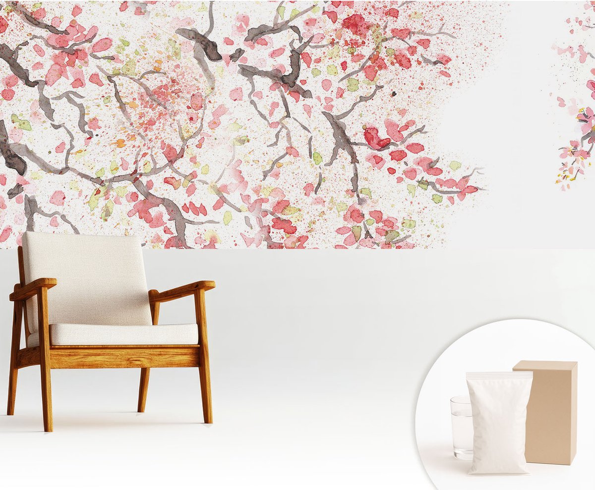 Wallfluent Fotobehang - Wit Vliesbehang - 250x104 cm - Bloeiende Takken Muurschildering - Gang behang Bloemen En Planten - Fotobehang Vlies - Slaapkamer behang