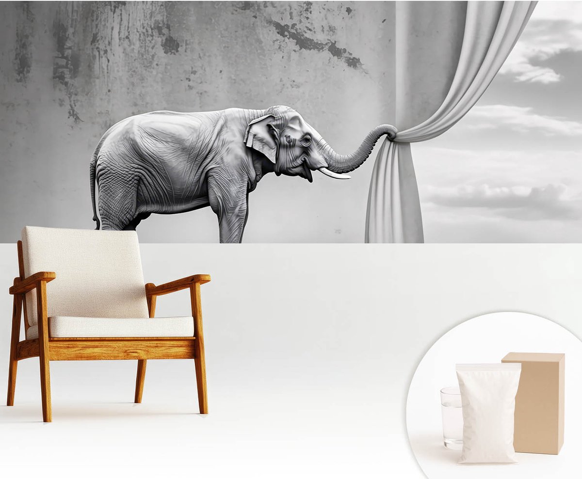 Wallfluent Fotobehang - Grijs Vliesbehang - 250x104 cm - Surrealistische Olifant Fotobehang Vlies - Woonkamer behang Deel - Muurschildering - Woonkamer behang