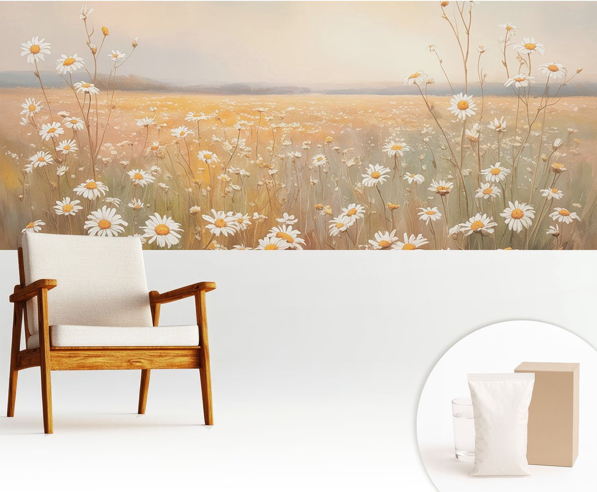 Wallfluent Fotobehang - Wit Vliesbehang - 250x104 cm - Bloemenweide Muurschildering - Gang behang Bloemen En Planten - Fotobehang Vlies - Slaapkamer behang