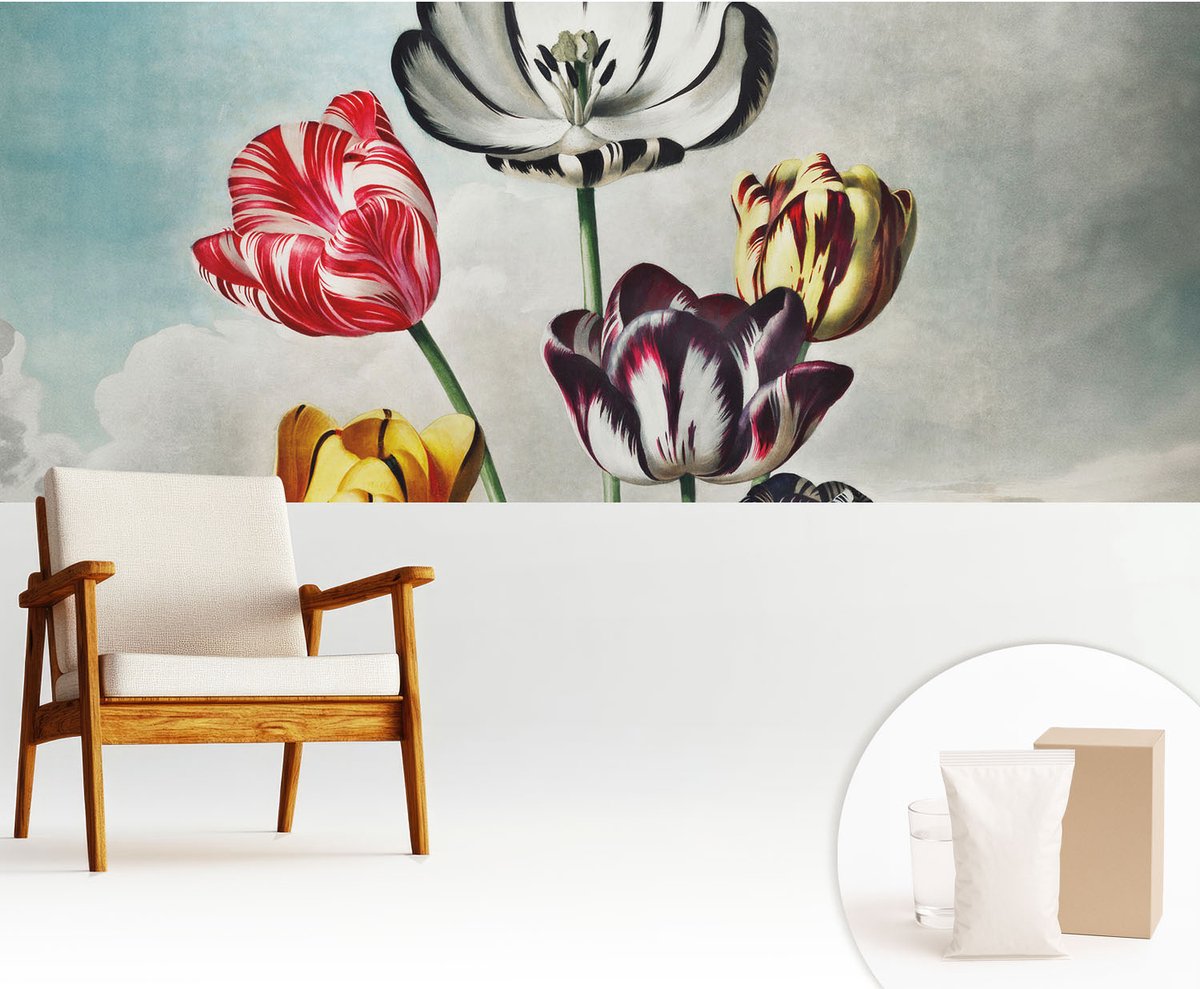 Wallfluent Fotobehang - Zwart Vliesbehang - 250x104 cm - Kleurrijke Tulpen Fotobehang Vlies - Woonkamer behang Bloemen En Planten - Muurschildering - Woonkamer behang