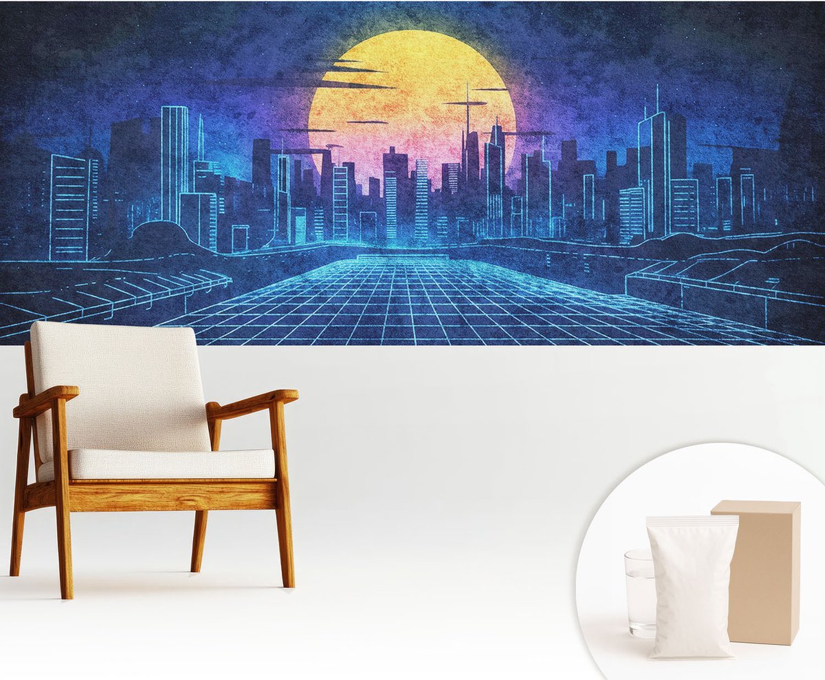 Wallfluent Fotobehang - Blauw Vliesbehang - 250x104 cm - Futuristisch Landschap Muurschildering - Gang behang Steden - Fotobehang Vlies - Gang behang