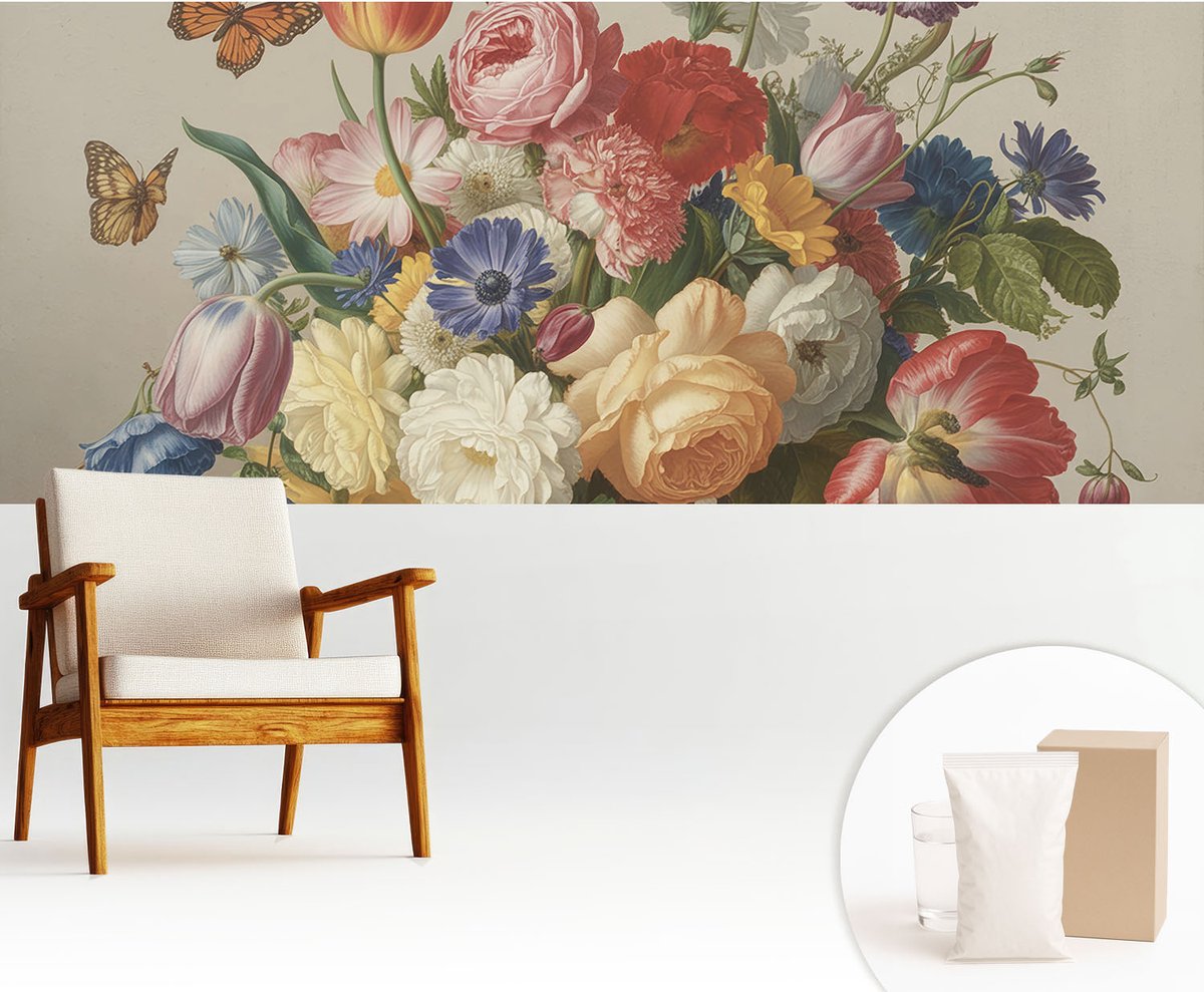 Wallfluent Fotobehang - Rood Vliesbehang - 250x104 cm - Bloemen En Vlinders Muurschildering - Gang behang Bloemen En Planten - Fotobehang Vlies - Slaapkamer behang