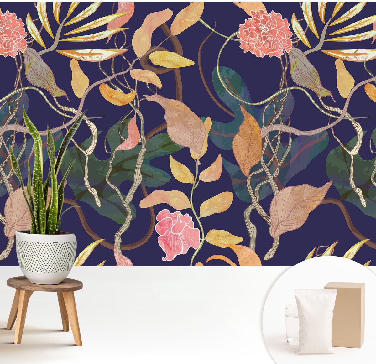 Wallfluent Fotobehang - Wit Vliesbehang - 208x146 cm - Plantaardige Elegantie Fotobehang Vlies - Hal behang Bloemen En Planten - Muurschildering - Woonkamer behang