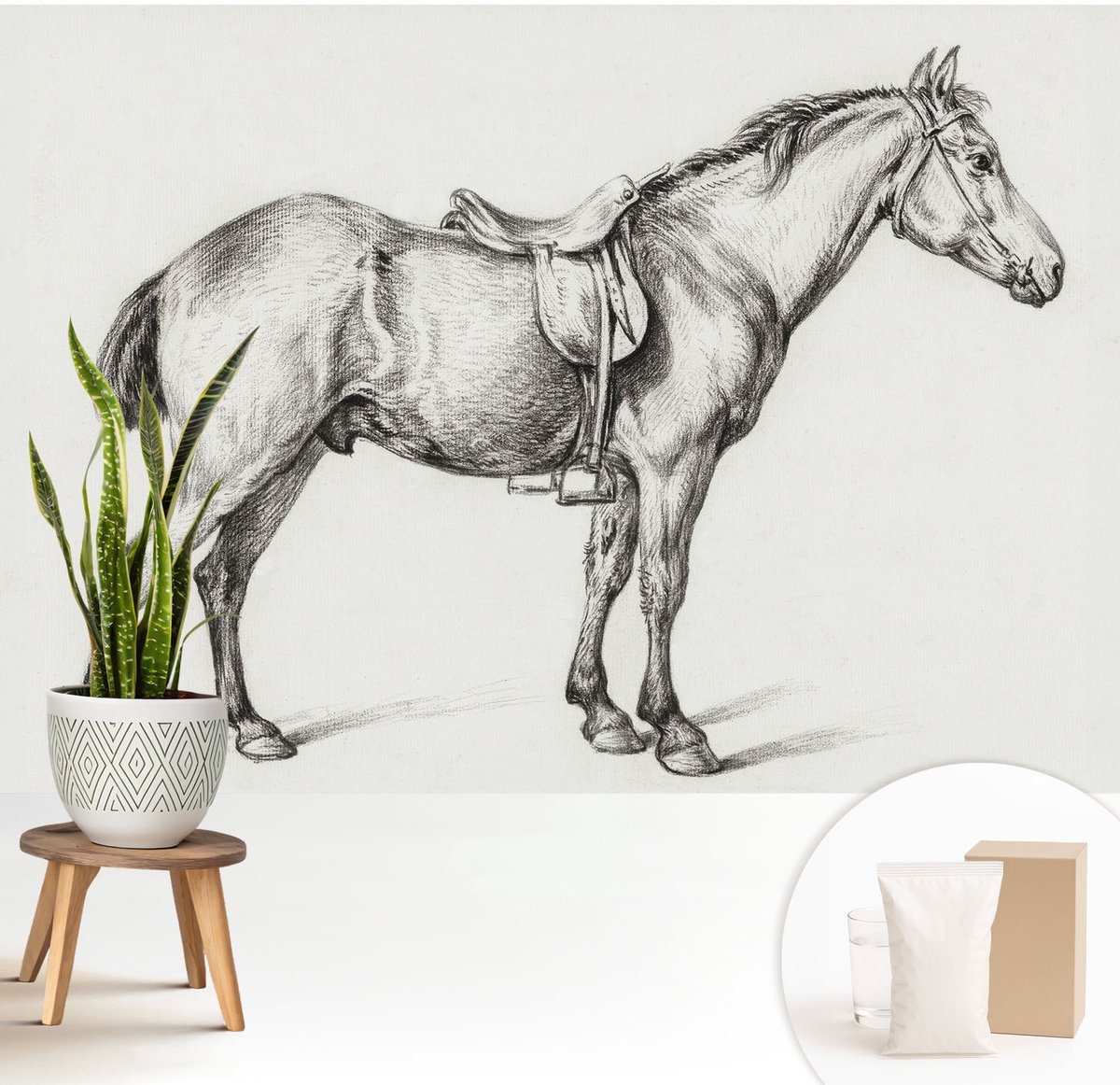Wallfluent Fotobehang - Zwart-Wit Vliesbehang - 208x146 cm - Schets Van Een Paard Fotobehang Vlies - Woonkamer behang Dieren - Muurschildering - Woonkamer behang