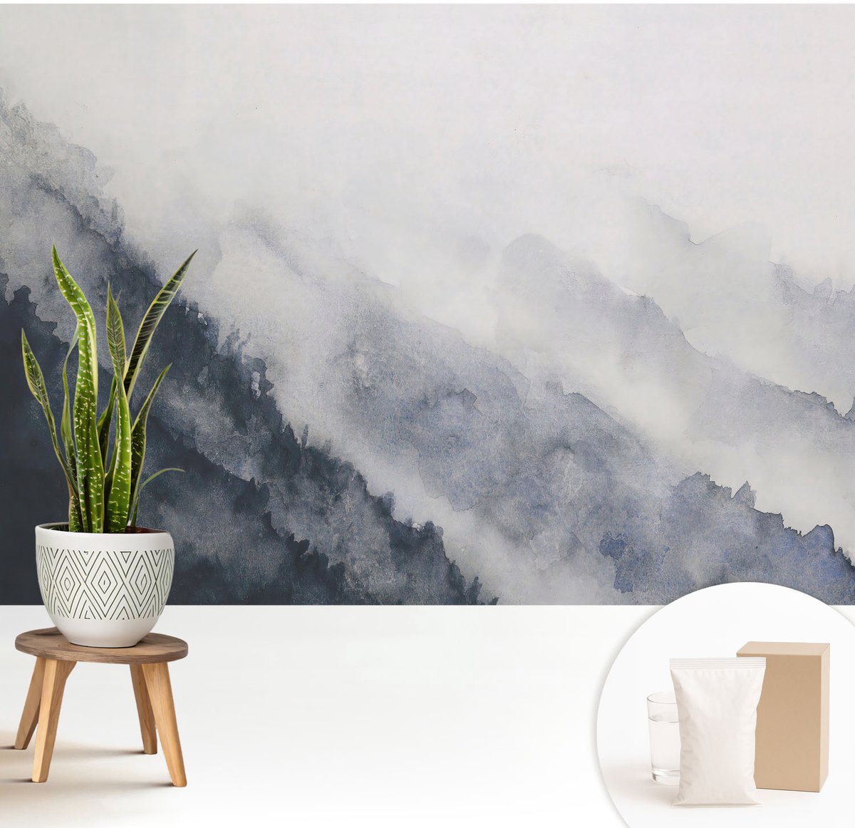 Wallfluent Fotobehang - Wit Vliesbehang - 208x146 cm - Bergmist Muurschildering - Slaapkamer behang Landschappen - Fotobehang Vlies - Slaapkamer behang