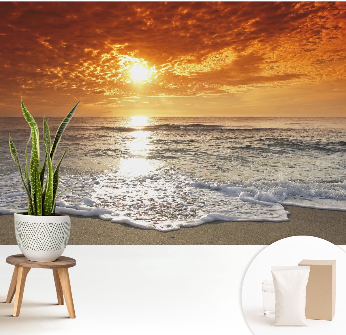 Wallfluent Fotobehang - Geel Vliesbehang - 208x146 cm - Oceaangolven Fotobehang Vlies - Hal behang Landschappen - Muurschildering - Hal behang