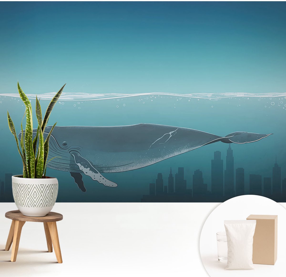 Wallfluent Fotobehang - Blauw Vliesbehang - 208x146 cm - Waterharmonie Muurschildering - Gang behang Dieren - Fotobehang Vlies - Slaapkamer behang