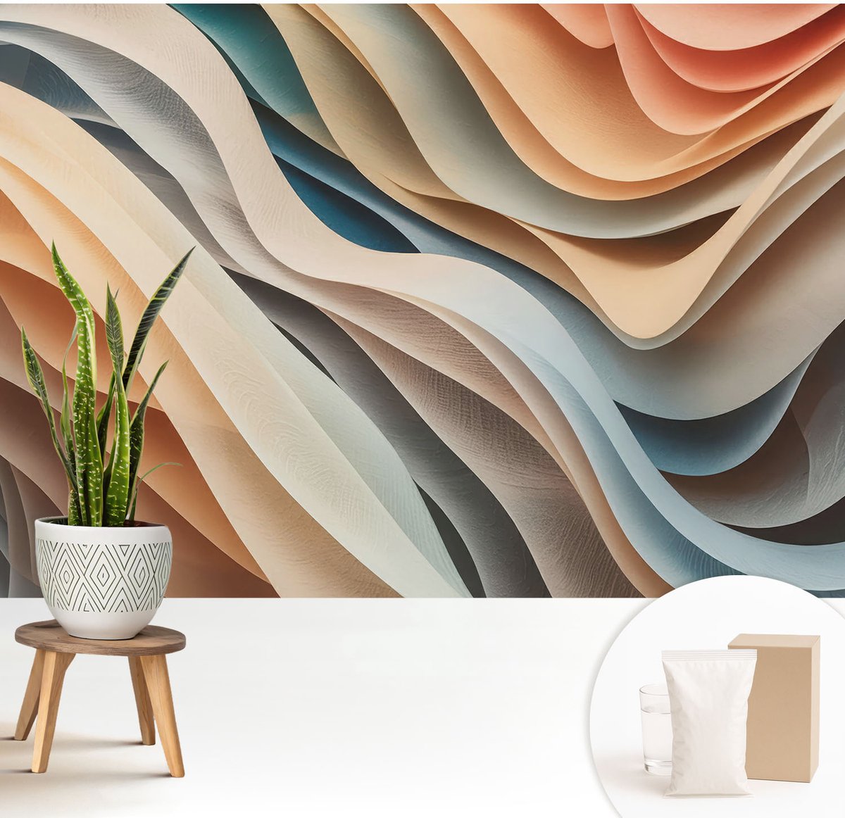 Wallfluent Fotobehang - Beige Vliesbehang - 208x146 cm - Golvende Vormen Fotobehang Vlies - Woonkamer behang Abstractie - Muurschildering - Woonkamer behang