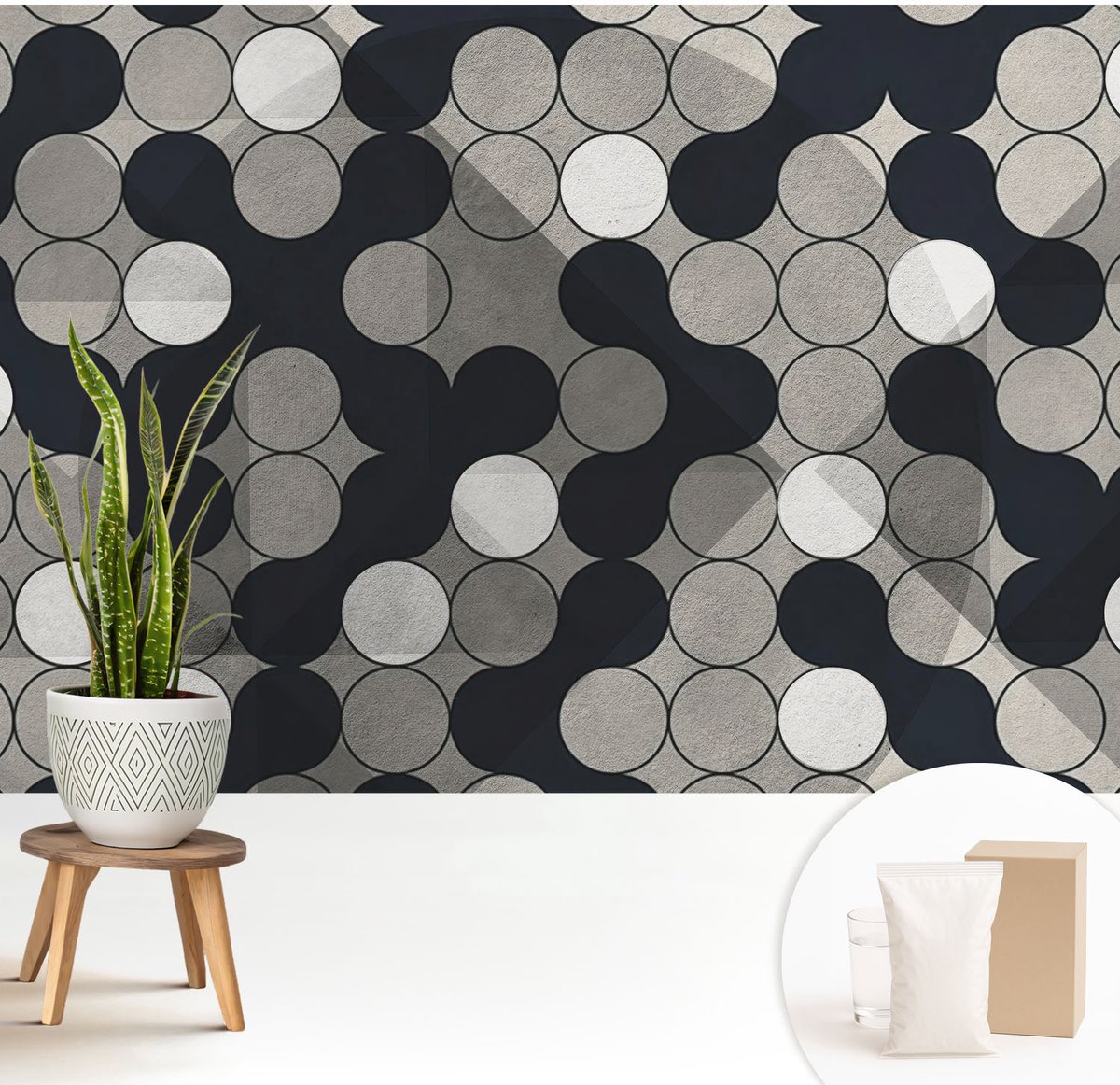 Wallfluent Fotobehang - Zwart Vliesbehang - 208x146 cm - Geometrische Cirkels Muurschildering - Slaapkamer behang Geometrie - Fotobehang Vlies - Gang behang