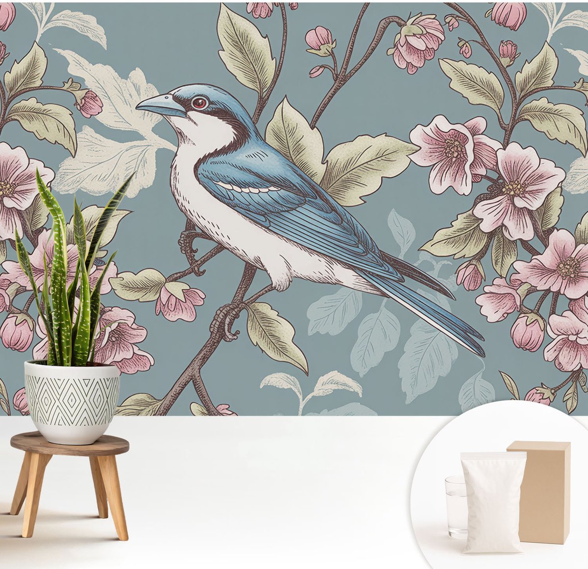 Wallfluent Fotobehang - Blauw Vliesbehang - 208x146 cm - Lente Harmonie Muurschildering - Slaapkamer behang Dieren - Fotobehang Vlies - Slaapkamer behang