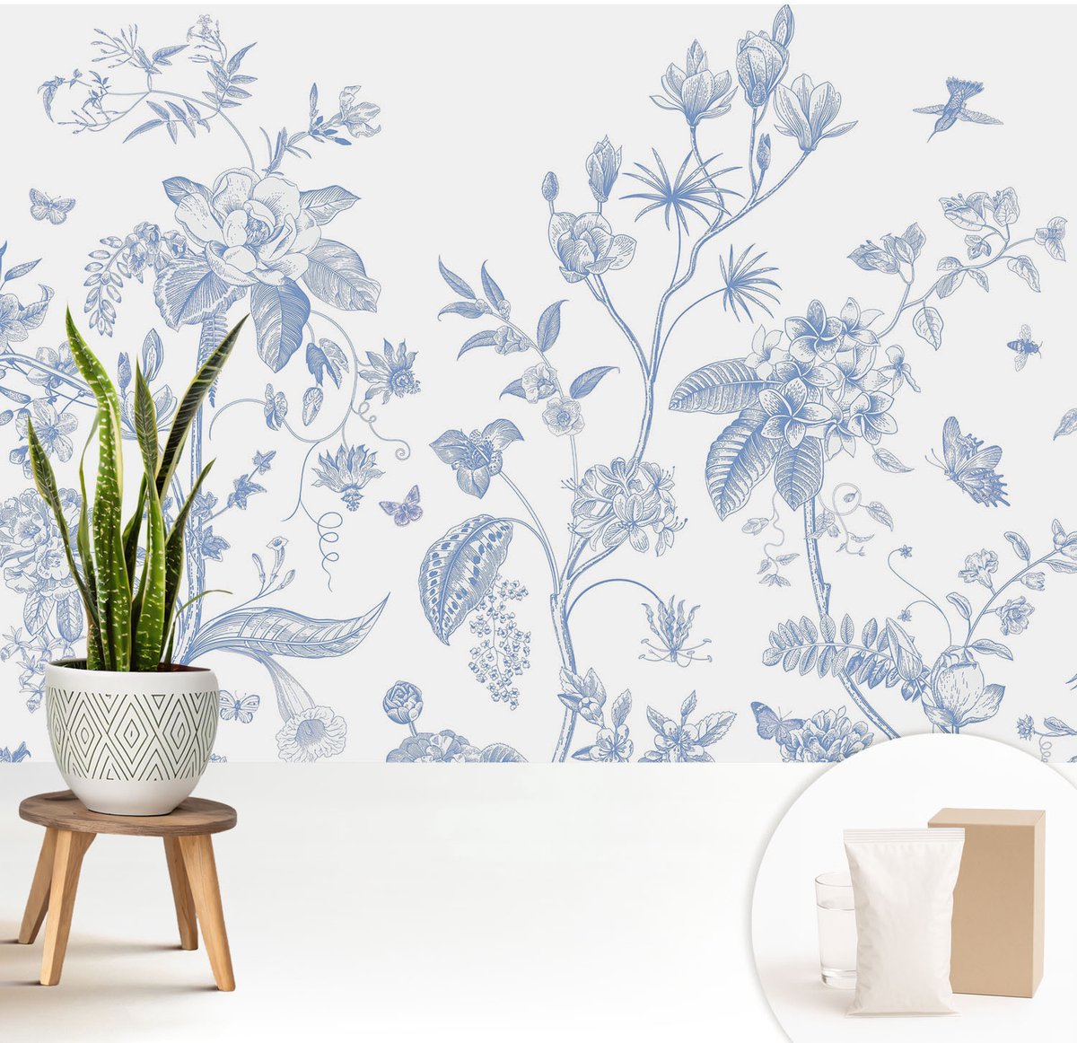 Wallfluent Fotobehang - Wit Vliesbehang - 208x146 cm - Bloemenpatroon Fotobehang Vlies - Woonkamer behang Bloemen En Planten - Muurschildering - Woonkamer behang
