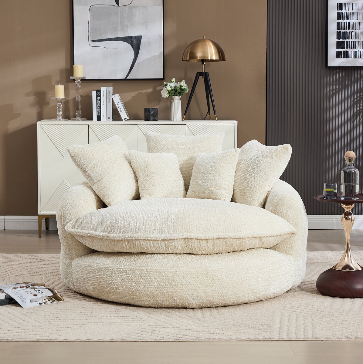 MODENUIT Fauteuil 190,5 x 138 x 63 cm - Met Poef En Kussens - Schuimvulling - Woonkamer - Polyester Beige
