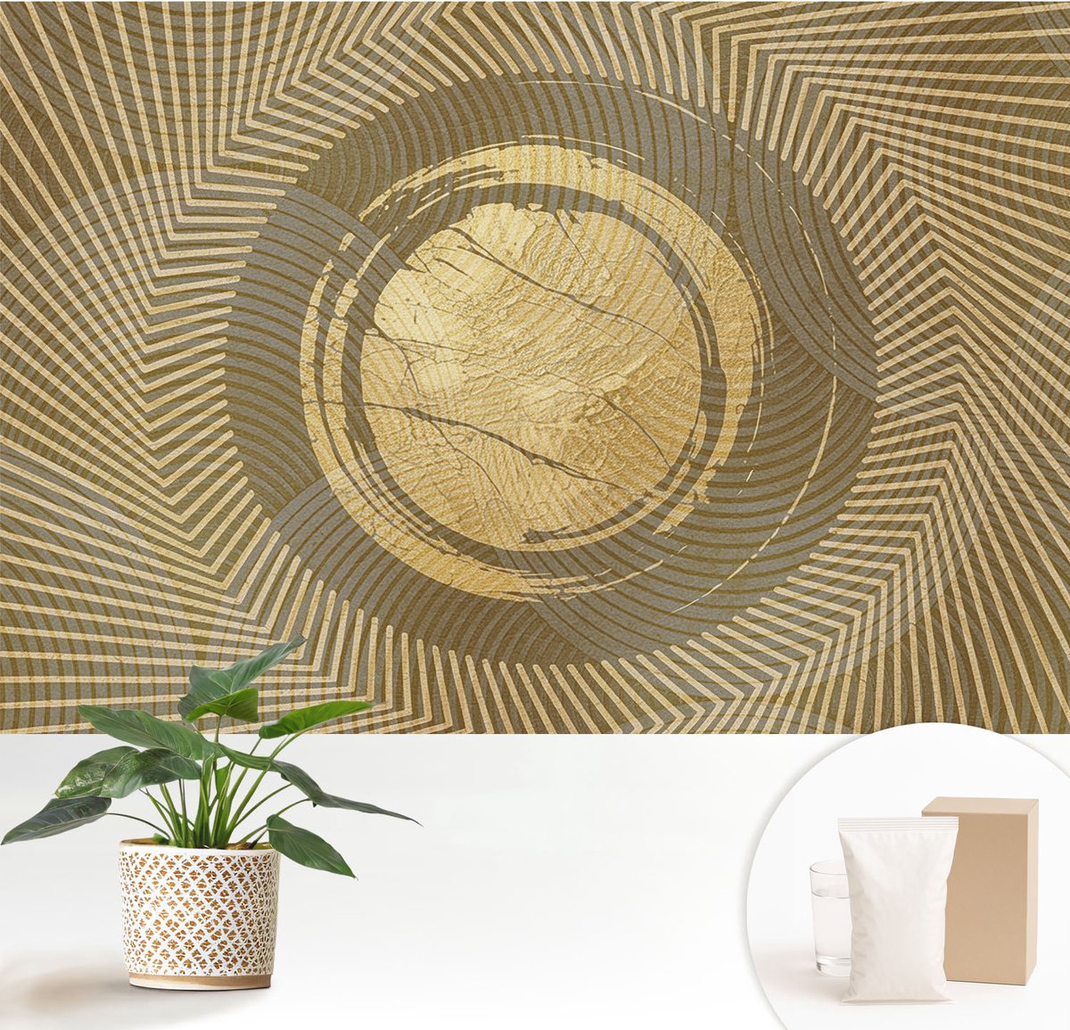 Wallfluent Fotobehang - Beige Vliesbehang - 152x104 cm - Stralende Lijnen Muurschildering - Slaapkamer behang Abstractie - Fotobehang Vlies - Slaapkamer behang