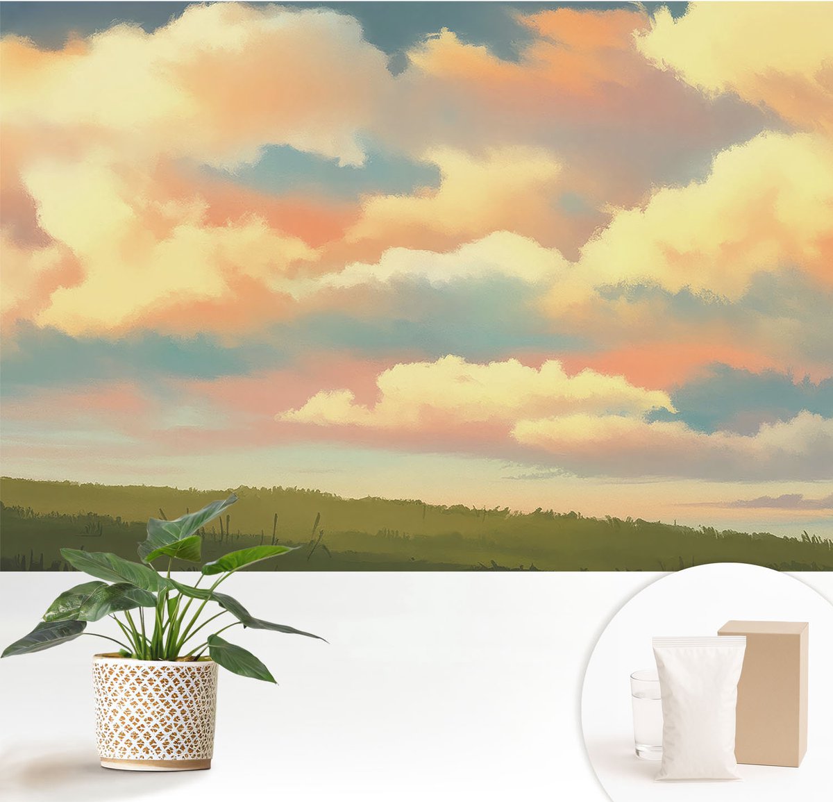 Wallfluent Fotobehang - Oranje Vliesbehang - 152x104 cm - Hemelwolken Fotobehang Vlies - Hal behang Landschappen - Muurschildering - Hal behang