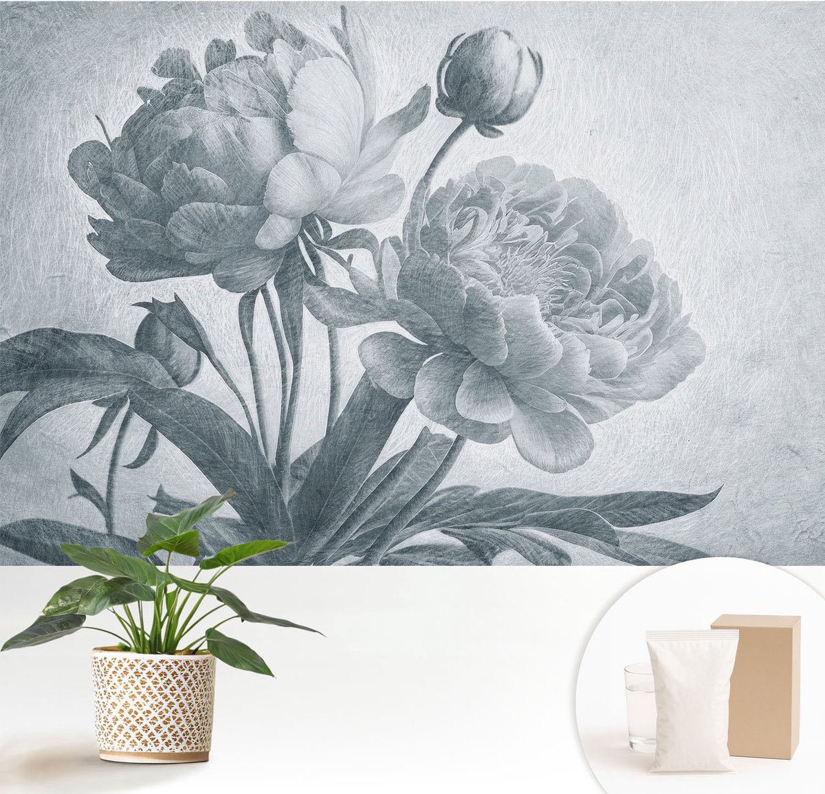Wallfluent Fotobehang - Grijs Vliesbehang - 152x104 cm - Bloemenchic Muurschildering - Slaapkamer behang Bloemen En Planten - Fotobehang Vlies - Slaapkamer behang