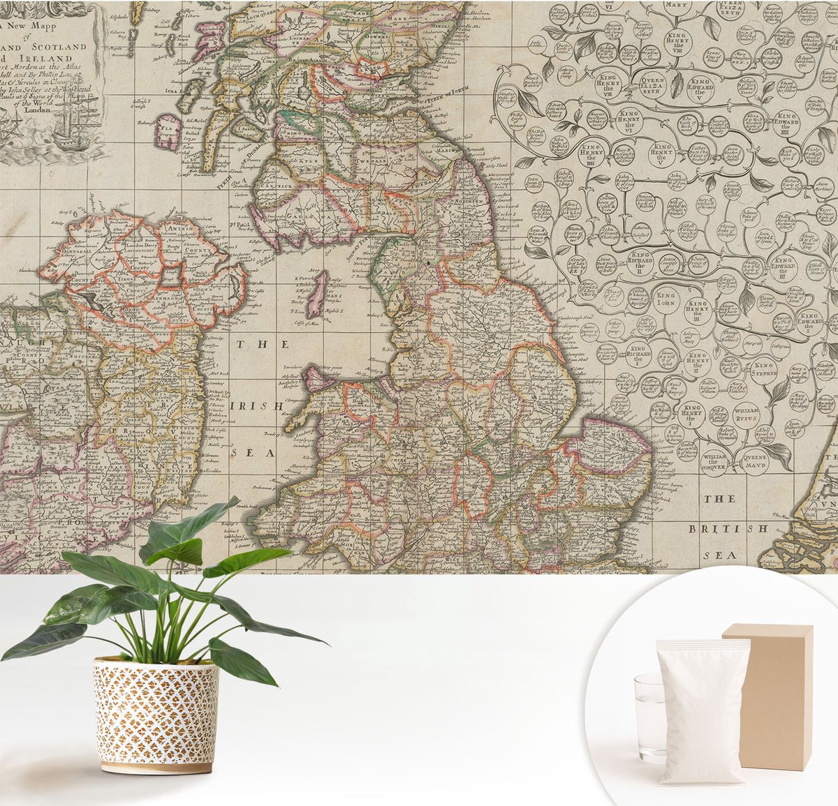 Wallfluent Fotobehang - Beige Vliesbehang - 152x104 cm - Antieke Kaart Fotobehang Vlies - Hal behang Kaarten - Muurschildering - Woonkamer behang