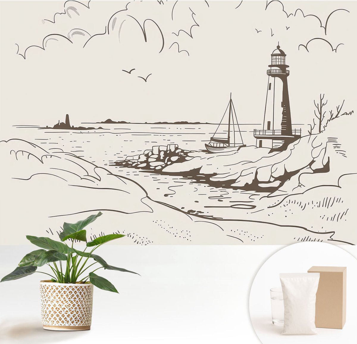 Wallfluent Fotobehang - Beige Vliesbehang - 152x104 cm - Kustlandschap Fotobehang Vlies - Hal behang Landschappen - Muurschildering - Woonkamer behang
