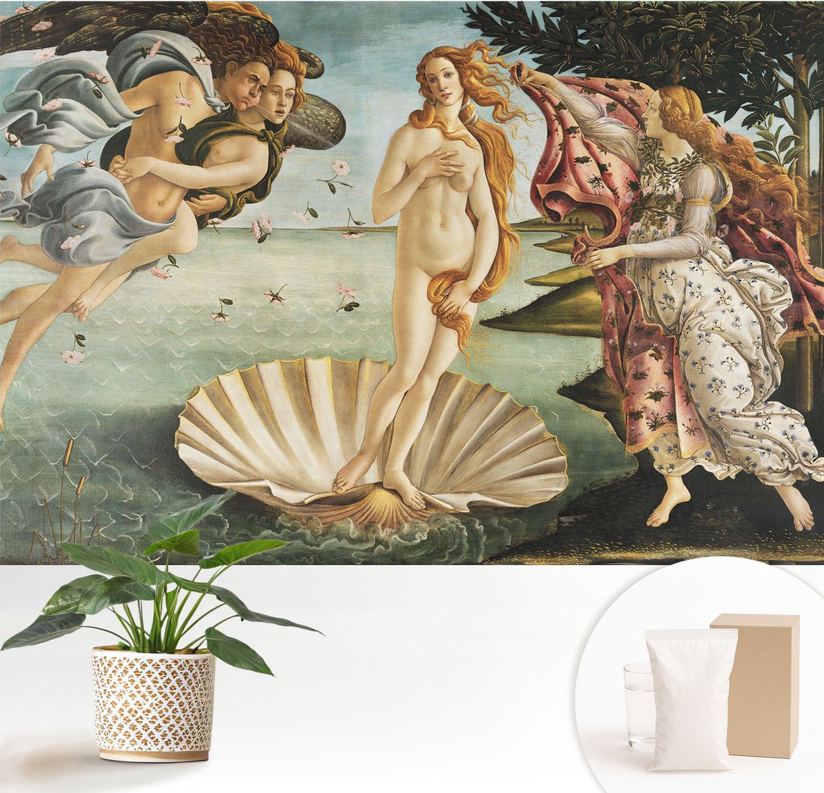 Wallfluent Fotobehang - Zwart Vliesbehang - 152x104 cm - De Geboorte Van Venus Fotobehang Vlies - Woonkamer behang Deel - Muurschildering - Woonkamer behang