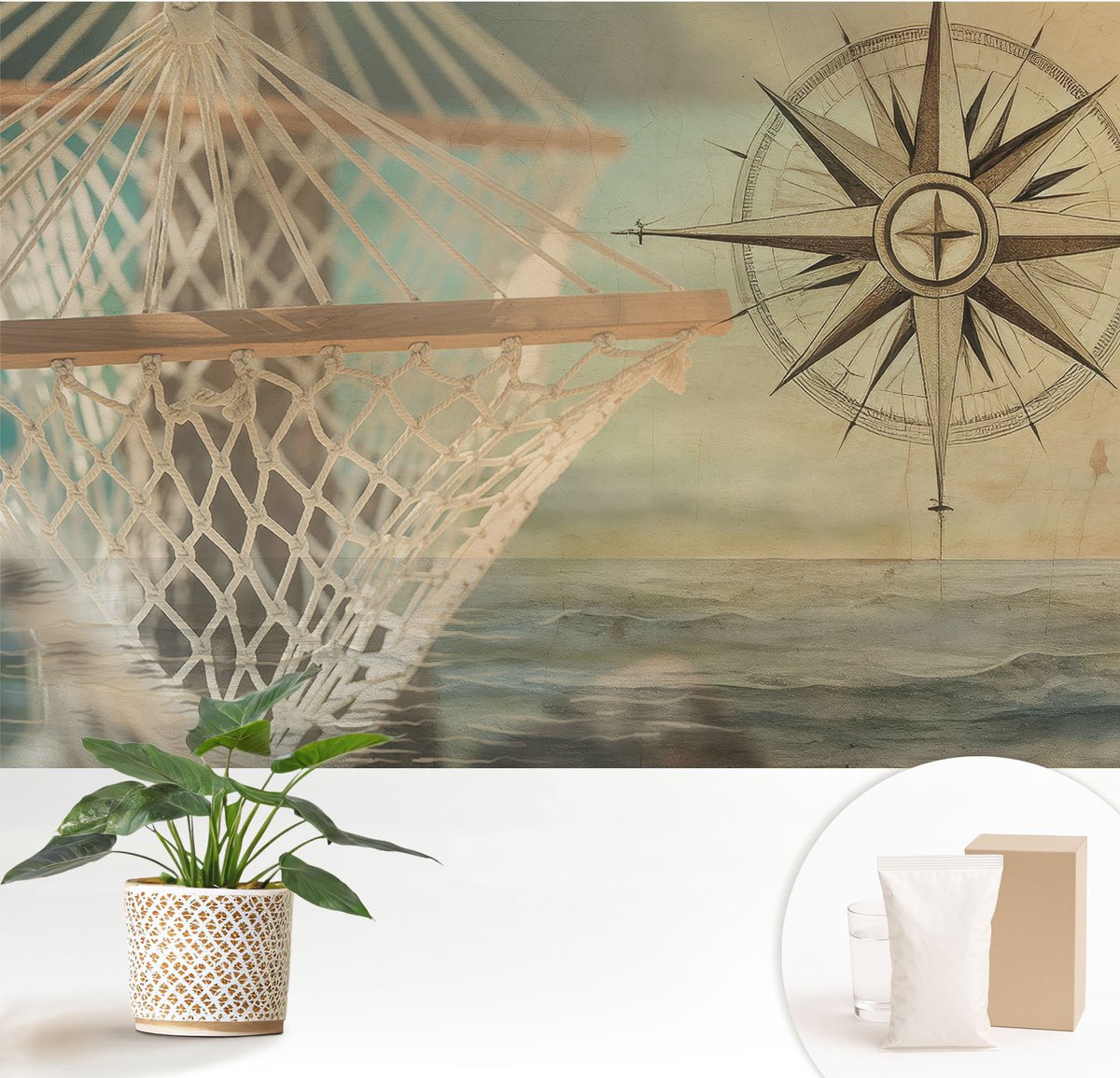 Wallfluent Fotobehang - Beige Vliesbehang - 152x104 cm - Ontspanning Aan Zee Fotobehang Vlies - Woonkamer behang Ander - Muurschildering - Hal behang
