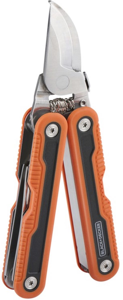 BLACK+DECKER Garden Multitool - 6-in-1 Multifunctioneel Tuingereedschap - Met Snoeischaar, Mes, Boomzaag, Flessenopener en Wortelverwijderaar - Roestvrijstaal - 16 x 7 x 1,5 cm - Oranje/Zwart