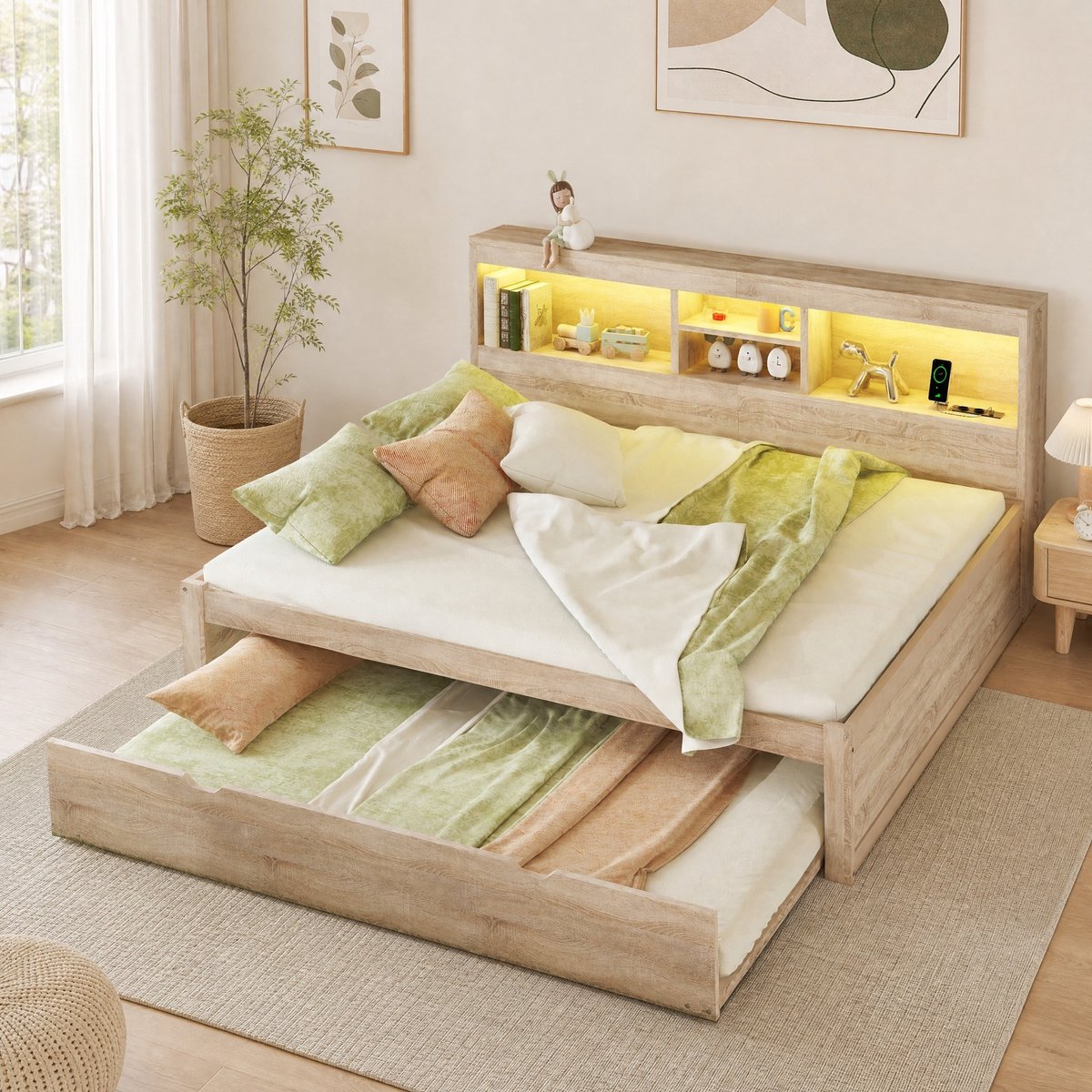 WUVRIE Slaapbank 140x200 cm met uitschuifbed, LED-verlichting, opbergruimte, USB en stopcontact, naturel