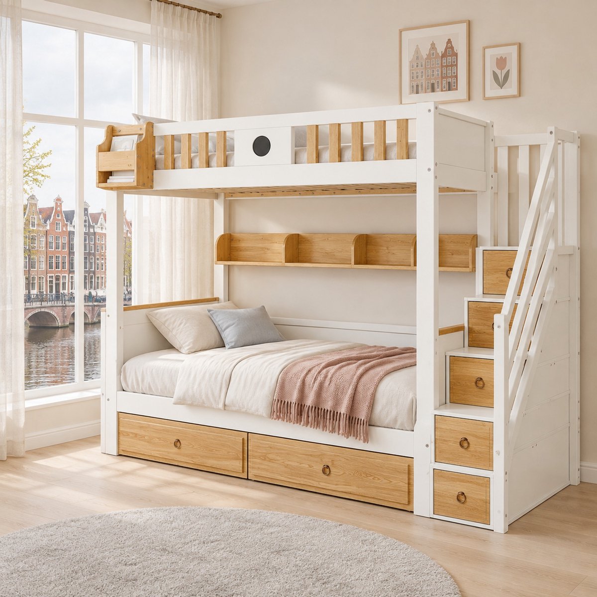 WUVRIE Stapelbed 90x200 cm met opbergladder, 2 lades, open vakken en uitvalbeveiliging, wit/naturel Wit en naturel