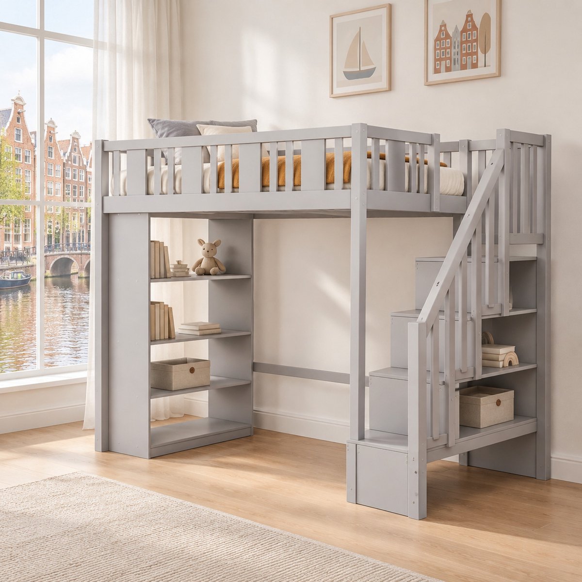 WUVRIE Hoogslaper 90x200 cm met opbergtrap, 3 opbergvakken en veiligheidshek, grijs