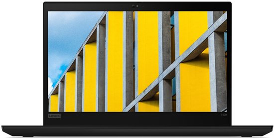 Zwarte Lenovo laptop met een helder, abstract geel en grijs ontwerp op het scherm.