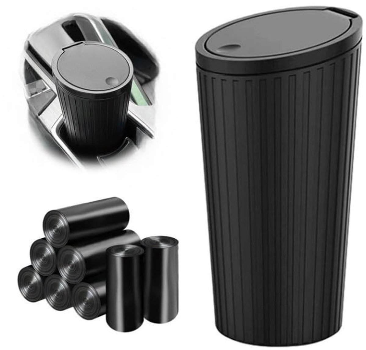 Vuilnisemmer met deksel, kleine afvalemmer met 8 rollen vuilniszakken, waterdicht, geurremmend, lekvrij, praktische mini-vuilnisemmer, auto-accessoires voor thuis, kantoor, zwart