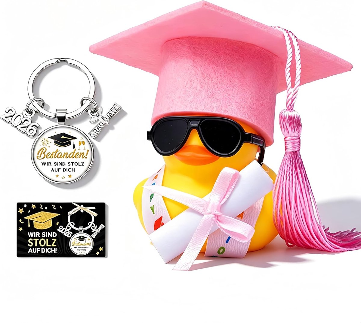 Academische rubberen eend met diploma - mini diploma-eend auto dashboard decoratie met afstuderen hoed sjerp bril en sjerp geslaagd examen geschenk sleutelhanger