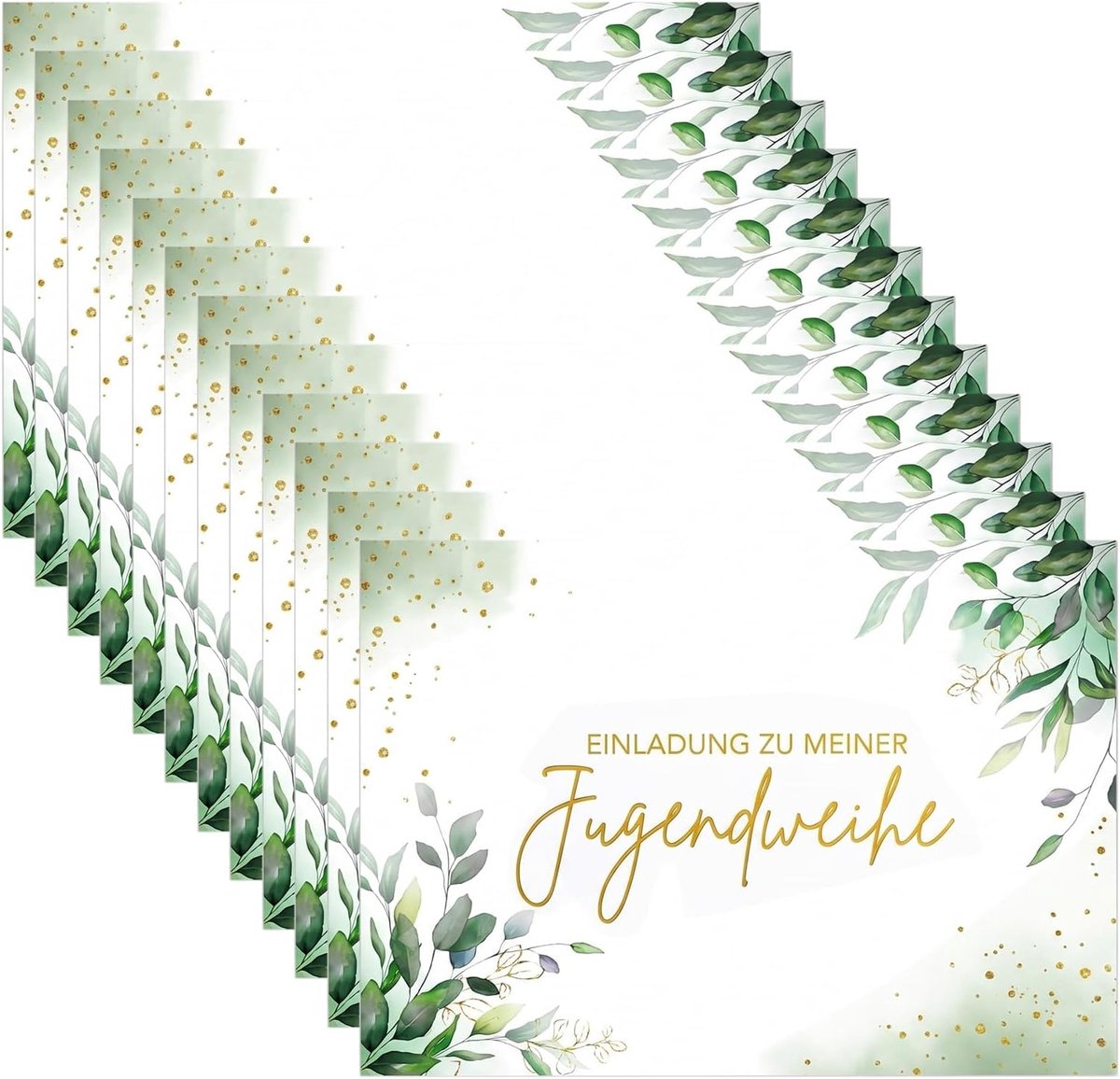 Uitnodigingskaarten voor jongeren, 12 stuks, DIN A6 met eucalyptus-design, elegante uitnodigingskaarten voor jongens en meisjes