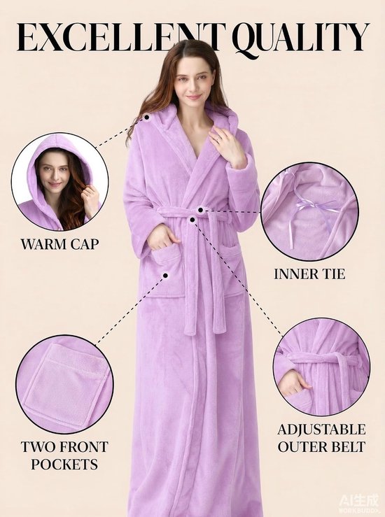 Long Hooded Robe for Women Luxurious Flannel Fleece Full Length Bathrobe Winter Warm Pajamas Shower Nightgown Light Purple X-Large — afbeelding 2