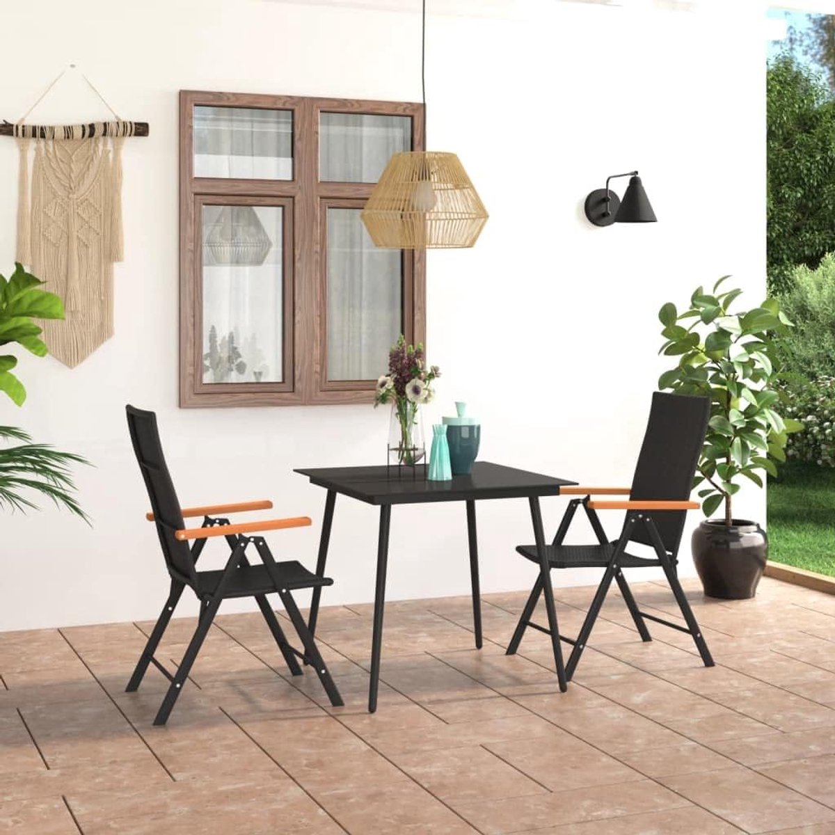 3-delige Buiteneetset met PE-rotanstoelen, Glazen Tafelblad, Weerbestendig, Gemakkelijk Schoon Te Maken voor Terras, Terras of Tuin