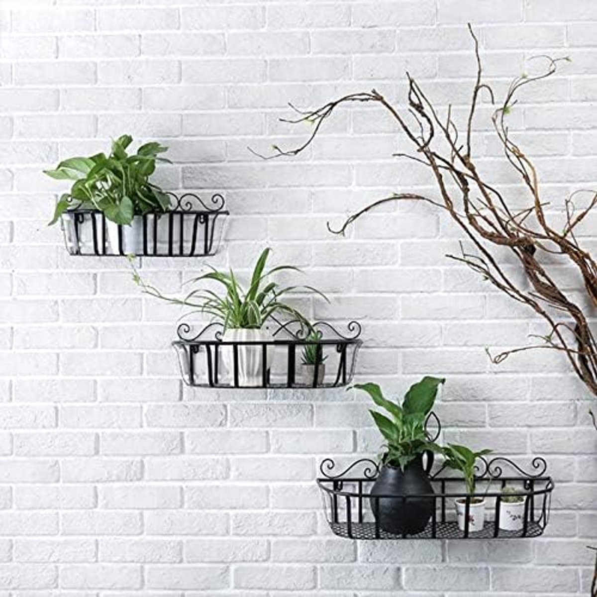 Opknoping mand ijzeren wand gemonteerd decor innovatieve bloem potten plank kleine items display rack indoor hanger racks organizer (Color : Black L)