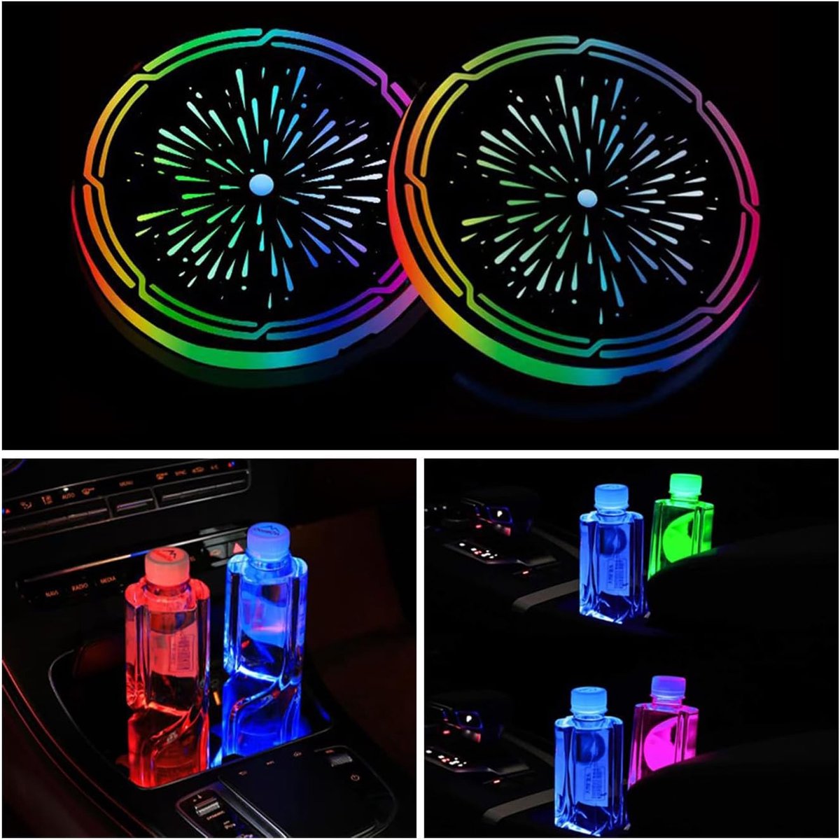 2 Stuks LED Onderzetter Verlichting, 7 Kleuren Variabel USB Oplaadbare Onderzetters, LED Kleurrijke Onderzetters, Auto Onderzetter Verlichting, Universele LED Onderzetter Auto Sfeer Decoratie Licht