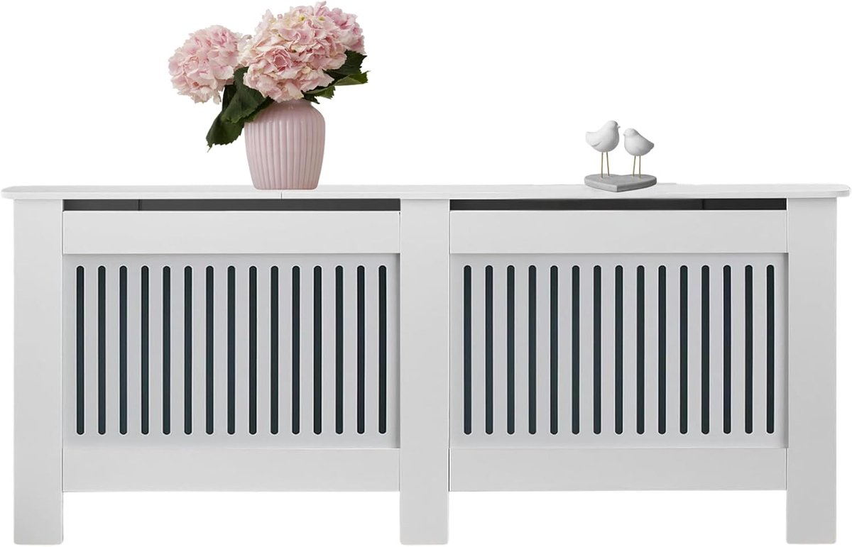 Cover MDF Radiator Cover with Shelf and Slats Furniture with Modern Design Finished in White Grid,Elegant for Living Room, Bedroom,Office.152x82x19cm