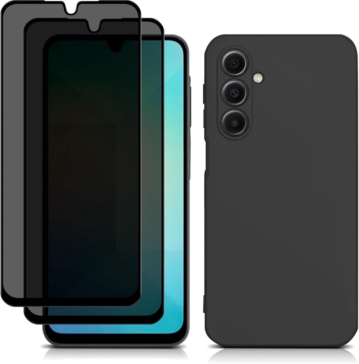 Displaybeschermfolie voor Samsung Galaxy A26 5G, anti-spionage gehard glas, displaybescherming, 2 stuks, siliconen beschermhoes + anti-peeping screenprotector voor Samsung Galaxy A26 5G, zwart