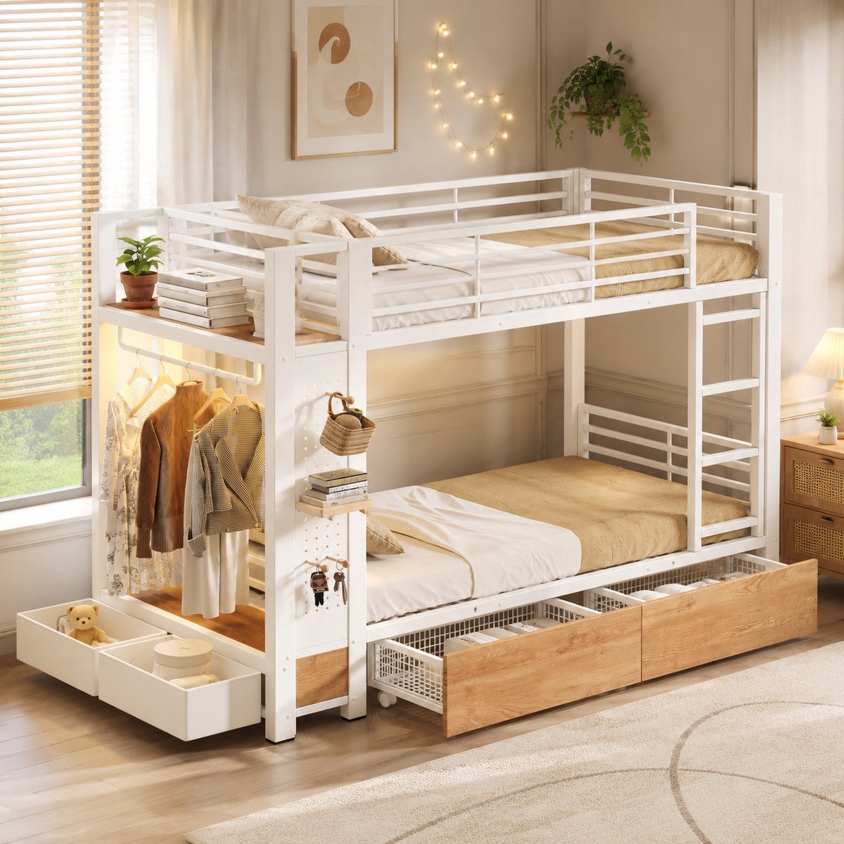 MODENUIT Stapelbed – 90 x 200 cm – Metaal en MDF – Wit – Opberglades, Legplanken, Kledingstang en Ledverlichting