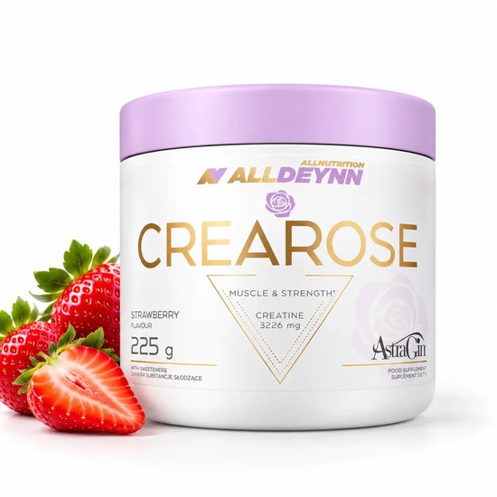 Pot ALLDEYNN CREAROSE creatine met aardbeiensmaak, 225g, met paarse dop en verse aardbeien op de voorgrond.