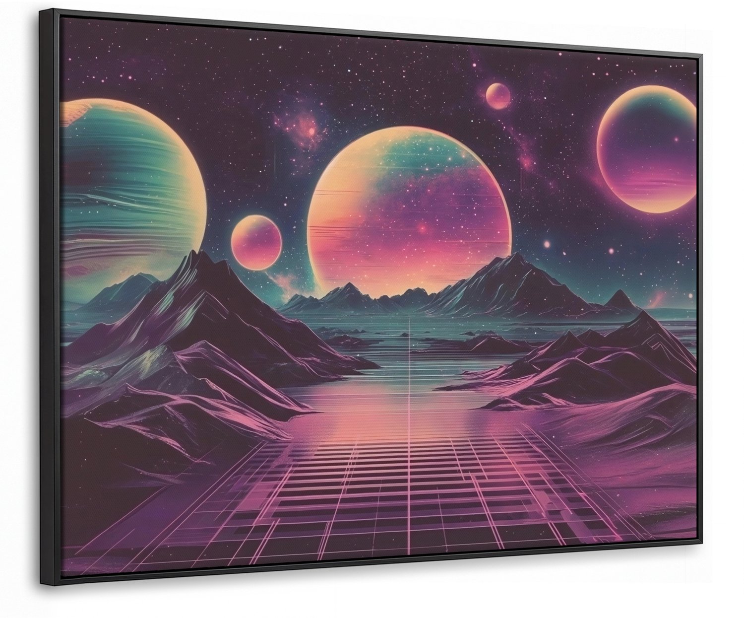 Canvas Schilderij met Baklijst 70x50cm - Landschap - Planeten - Horizon - Paars - Muurdecoratie woonkamer - Slaapkamer decoratie - Kamer accessoires - Schilderijen op canvas met lijst