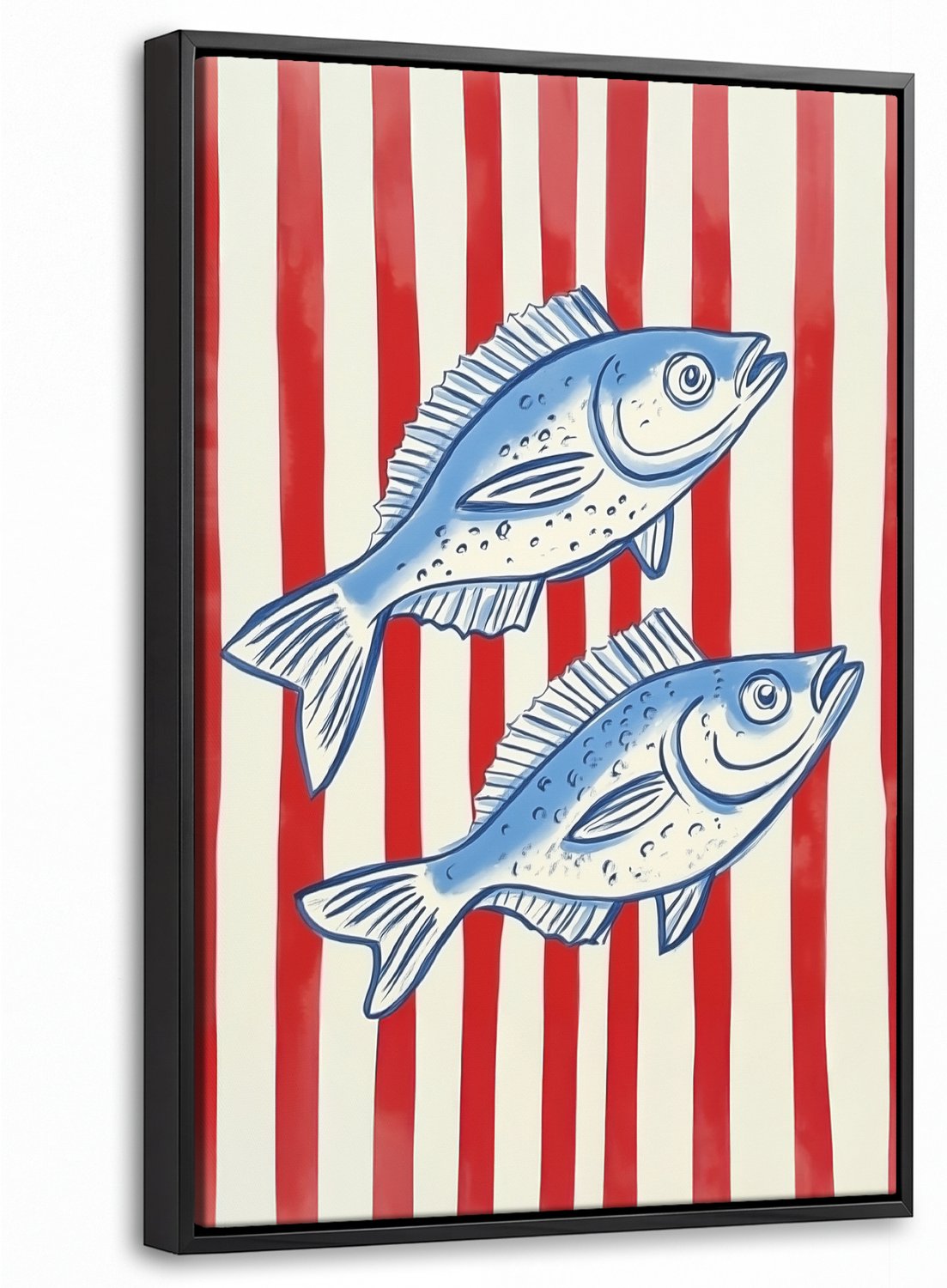 Canvas Schilderij met Baklijst 20x30cm - Vissen - Verticale strepen - Blauw - Rood - Muurdecoratie woonkamer - Slaapkamer decoratie - Kamer accessoires - Schilderijen op canvas met lijst