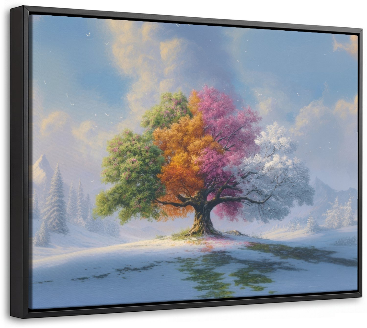 Canvas Schilderij met Baklijst 40x30cm - Boom - Seizoenen - Winter - Landschap - Muurdecoratie woonkamer - Slaapkamer decoratie - Kamer accessoires - Schilderijen op canvas met lijst