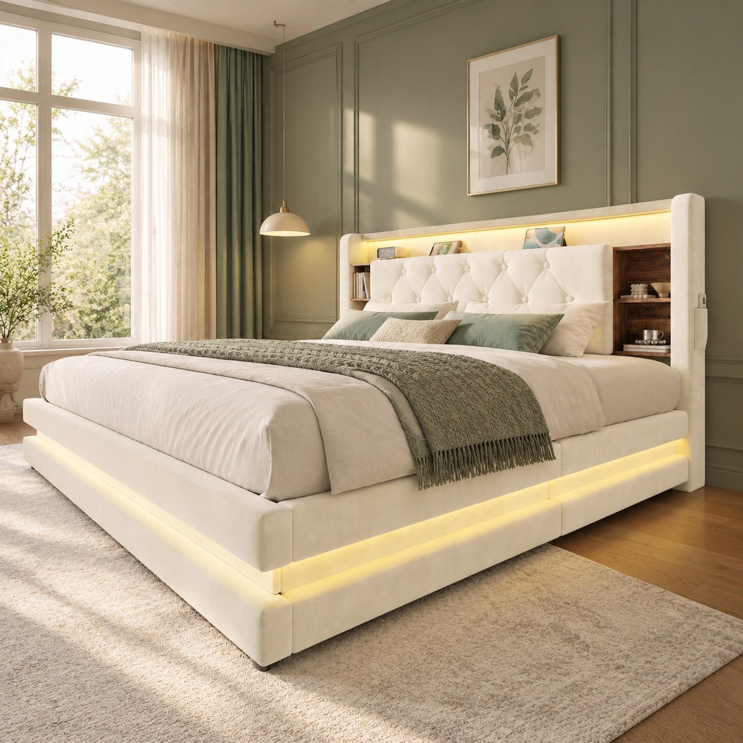 Wishdor Tweepersoonsbed 160x200 cm - Hydraulische opbergruimte en lattenbodem - Hoofdbord met vakken, LED-verlichting en USB-aansluitingen - Modern gestoffeerd bed voor de slaapkamer - Beige fluweel