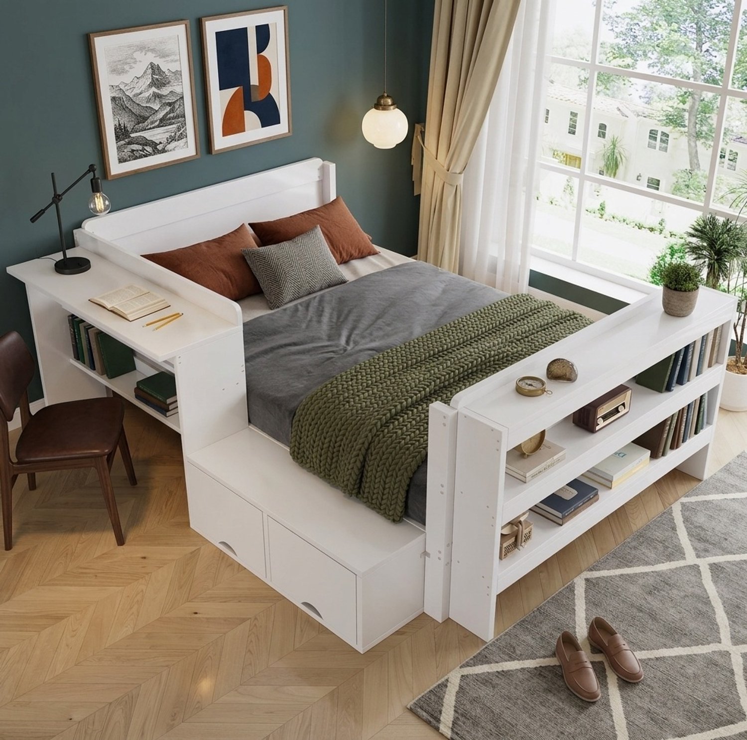 Wishdor Eenpersoonsbed 120x200 cm - Met bureau en opbergruimte - Zijmodule links of rechts monteerbaar - Met klepvak en open vakken aan voeteneind - Wit - Voor kinder- en logeerkamer