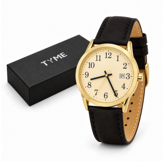 Goudkleurig TYME horloge met crèmekleurige wijzerplaat, zwarte leren band en bijbehorende zwarte cadeauverpakking.