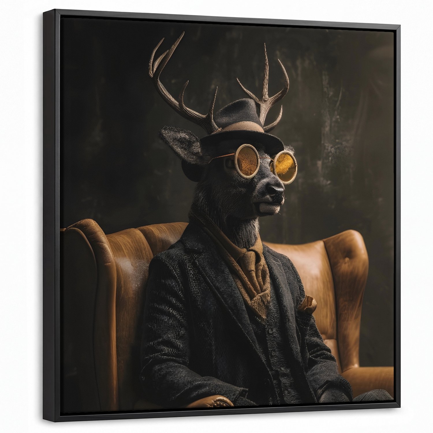 Canvas Schilderij met Baklijst 50x50cm - Hert - Zonnebril - Zwart - Pak - Muurdecoratie woonkamer - Slaapkamer decoratie - Kamer accessoires - Schilderijen op canvas met lijst