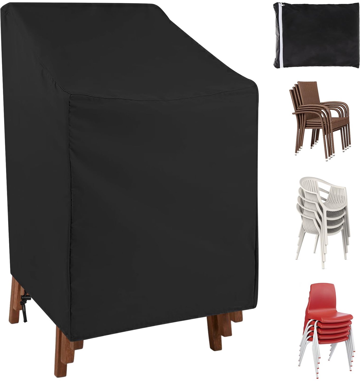Famanu Waterdichte tuinstoelhoes voor bescherming van tuinmeubelen, 210D stof, zwart, set van 1, afmetingen 65 x 65 x 80/120 cm, ideaal voor het afdekken van stapelstoelen in weer en wind