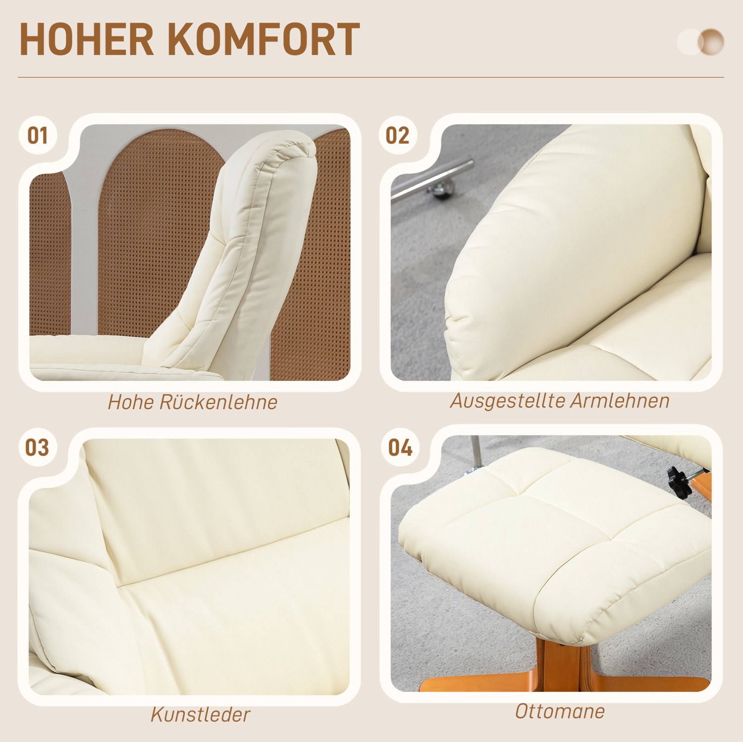 DESMIU Relaxfauteuil 71 x 84 x 102 cm - Verstelbare Rugleuning en Wipfunctie - Voor Woonkamer en Slaapkamer - Kunstleer - Crèmewit
